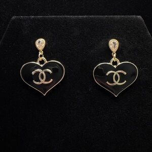 CC inspired Black Heart Drop Earrings with Gold Trim and Logo Motif